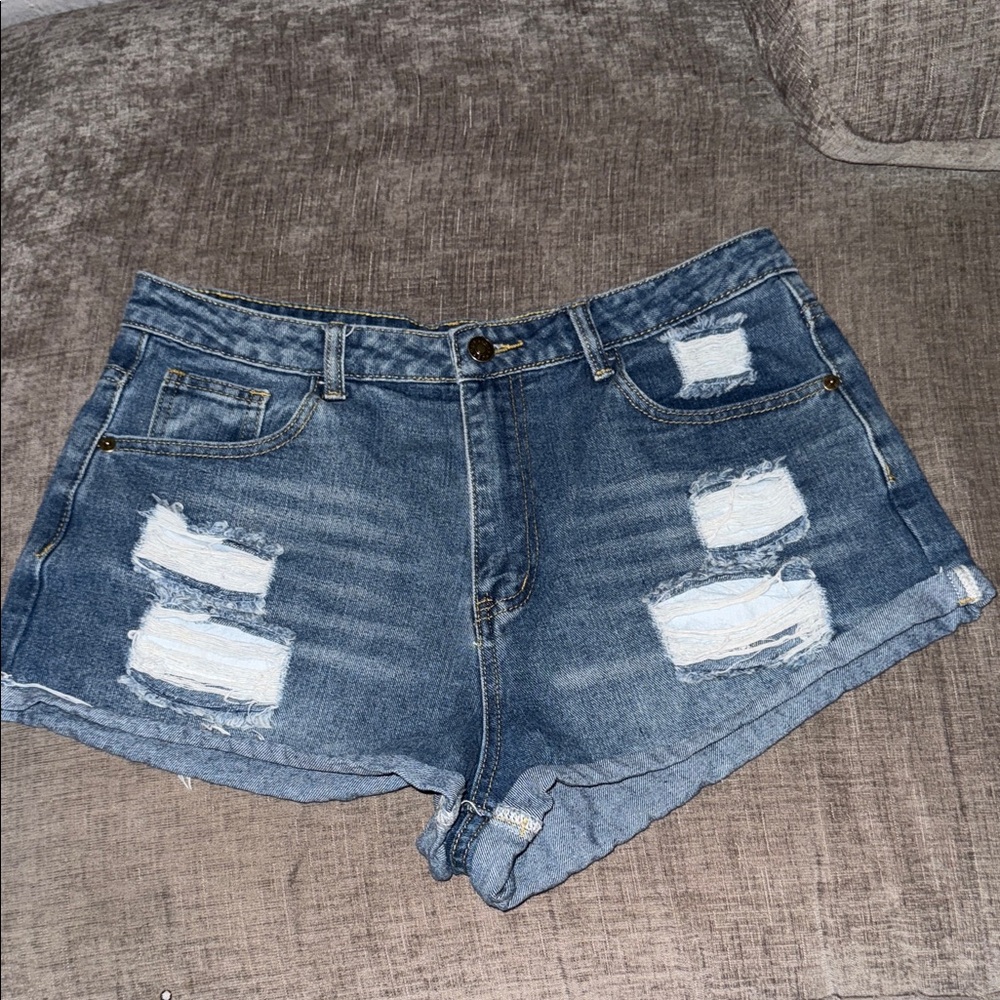 SHEIN Distressed Medium Blue Denim High-Rise Shorts